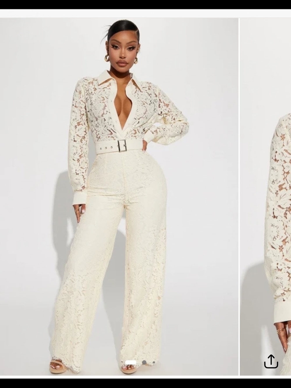 Fashion Nova Cream Lace Wide-Leg Jumpsuit with Belt